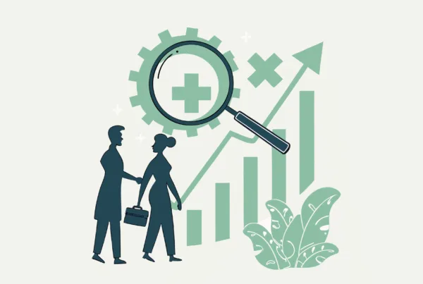 SovDoc healthcare M&A illustration showing a professional handshake between seller and buyer silhouettes with medical symbol, representing occupational and hand therapy practice mergers and acquisitions consulting services.