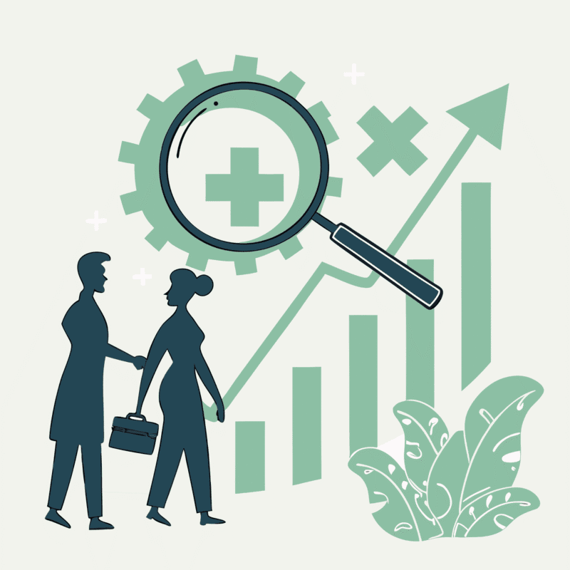 SovDoc healthcare M&A illustration showing a professional handshake between seller and buyer silhouettes with medical symbol, representing occupational and hand therapy practice mergers and acquisitions consulting services.