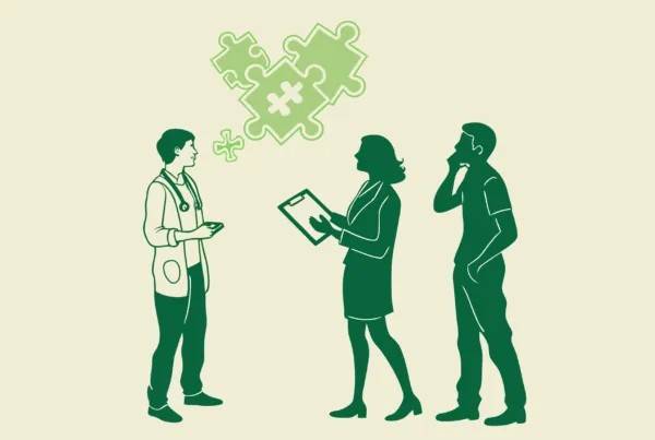 Stylized illustration showing healthcare professionals collaborating around a puzzle piece, representing SovDoc's advisory services for palliative care practice mergers and acquisitions.