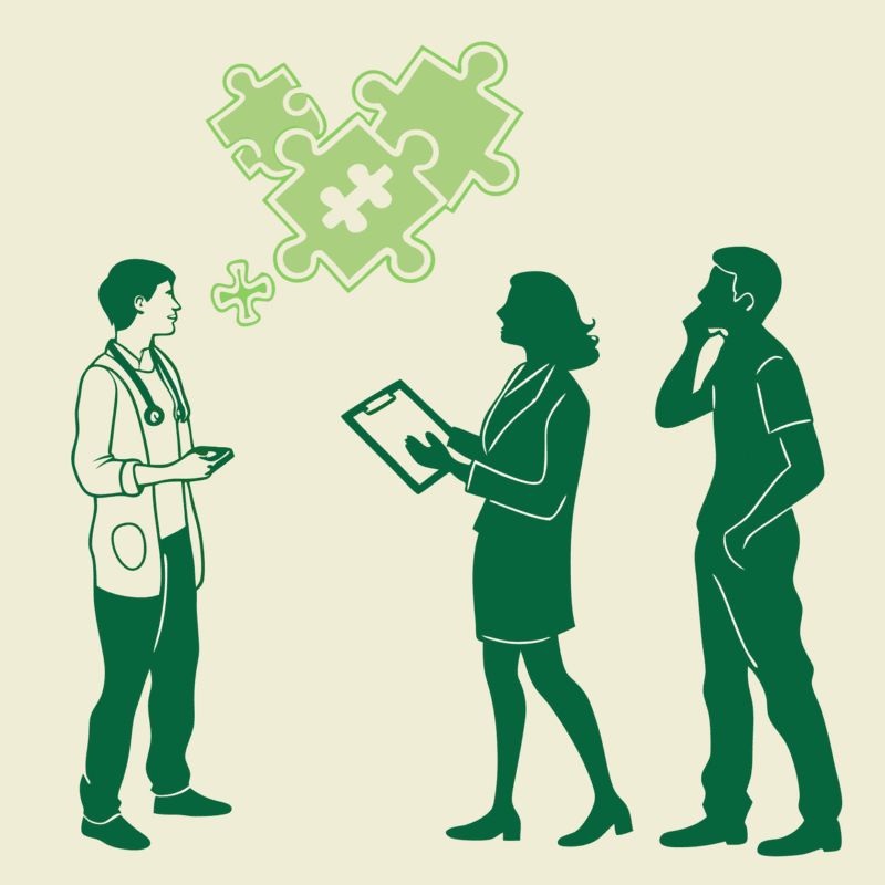 Stylized illustration showing healthcare professionals collaborating around a puzzle piece, representing SovDoc's advisory services for palliative care practice mergers and acquisitions.
