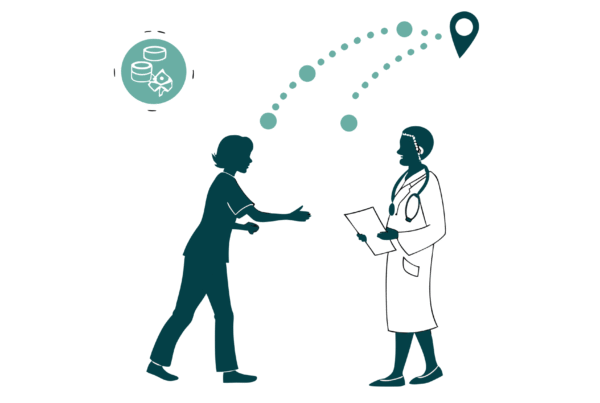 Illustration of professionals shaking hands with abstract medical symbols representing SovDoc's expertise in pediatric physical therapy practice mergers and acquisitions for healthcare consultants.