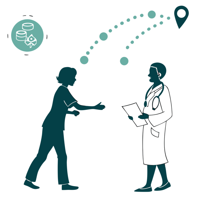 Illustration of professionals shaking hands with abstract medical symbols representing SovDoc's expertise in pediatric physical therapy practice mergers and acquisitions for healthcare consultants.