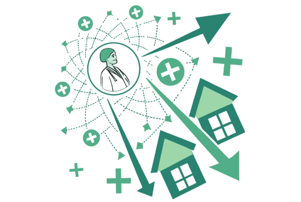 Abstract network illustration showing interconnected healthcare facilities converging toward a central skilled nursing facility (SNF), representing SovDoc's healthcare consulting and M&A advisory services for skilled nursing facility acquisitions and medical practice mergers.