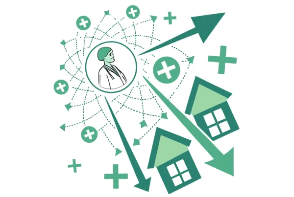 Abstract network illustration showing interconnected healthcare facilities converging toward a central skilled nursing facility (SNF), representing SovDoc's healthcare consulting and M&A advisory services for skilled nursing facility acquisitions and medical practice mergers.