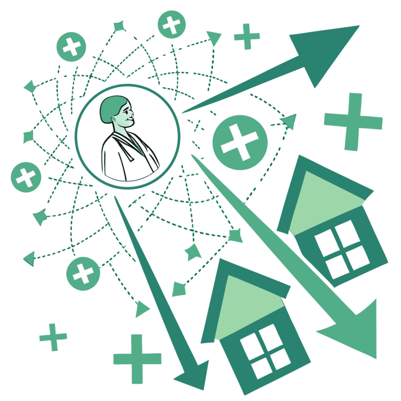 Abstract network illustration showing interconnected healthcare facilities converging toward a central skilled nursing facility (SNF), representing SovDoc's healthcare consulting and M&A advisory services for skilled nursing facility acquisitions and medical practice mergers.