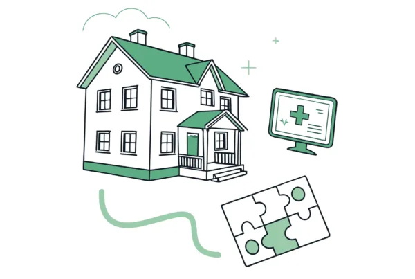 SovDoc healthcare M&A illustration showing puzzle pieces representing IT/EHR systems integration in assisted living facility acquisitions, with a stylized ALF building in the background.