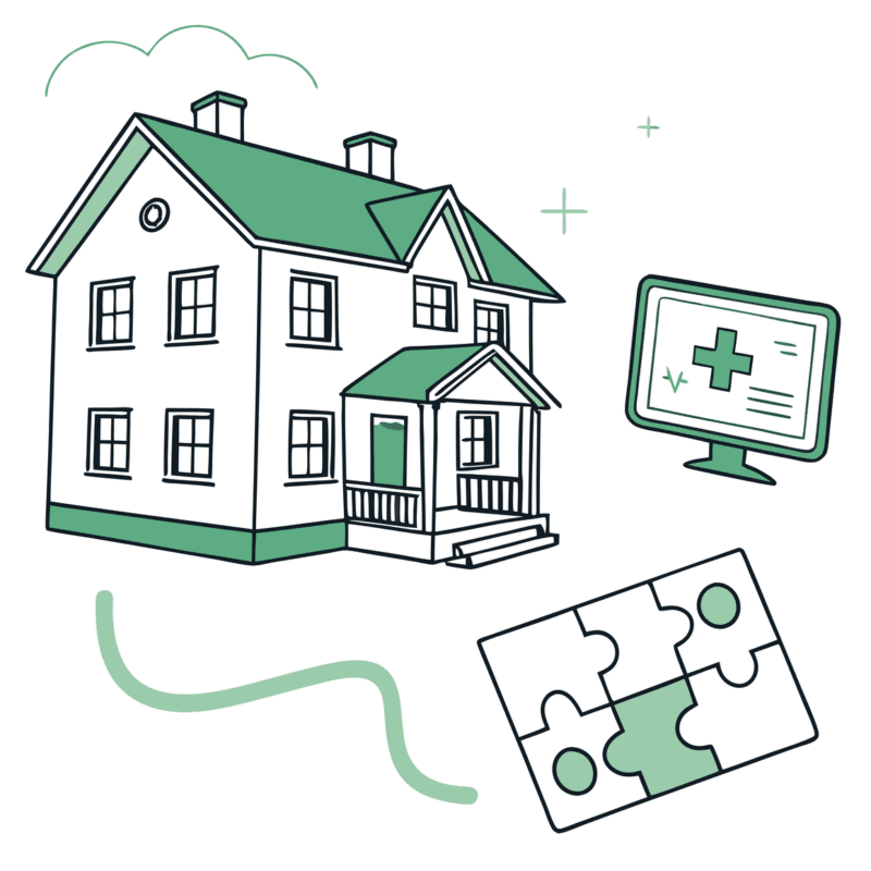SovDoc healthcare M&A illustration showing puzzle pieces representing IT/EHR systems integration in assisted living facility acquisitions, with a stylized ALF building in the background.