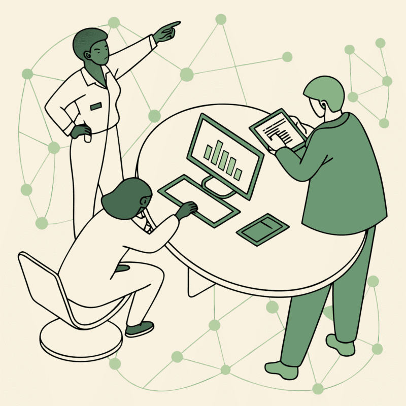 SovDoc healthcare M&A advisors collaborating on clinic-based ABA therapy practice integration data, analyzing EHR systems and financial performance during a medical practice merger consultation.