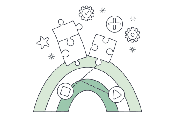 Abstract illustration representing medical practice data integration for healthcare mergers and acquisitions. Green archway with connecting puzzle pieces symbolizes seamless system integration in geriatric and behavioral health practices, with flowing data points and healthcare symbols—by SovDoc, specialists in healthcare M&A.