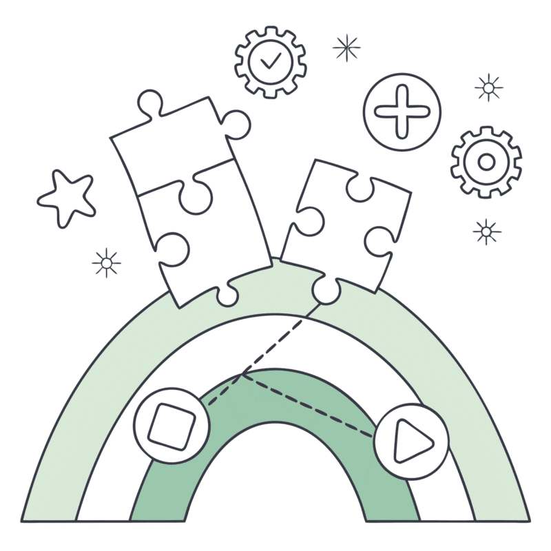 Abstract illustration representing medical practice data integration for healthcare mergers and acquisitions. Green archway with connecting puzzle pieces symbolizes seamless system integration in geriatric and behavioral health practices, with flowing data points and healthcare symbols—by SovDoc, specialists in healthcare M&A.