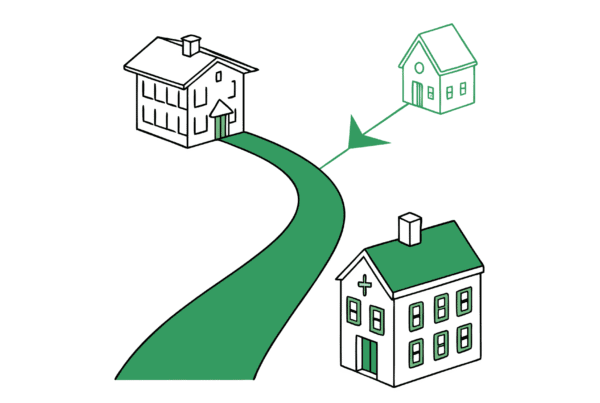 Illustration of hospice care practice merger pathway showing multiple facilities joining into one unified entity, with IT/EHR specialist icons representing SovDoc's M&A advisory services for healthcare integration processes.