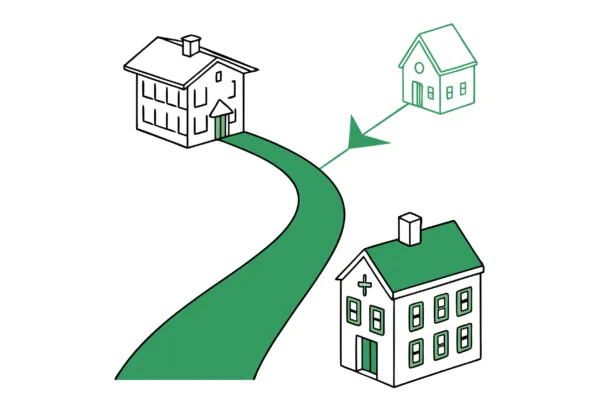 Illustration of hospice care practice merger pathway showing multiple facilities joining into one unified entity, with IT/EHR specialist icons representing SovDoc's M&A advisory services for healthcare integration processes.