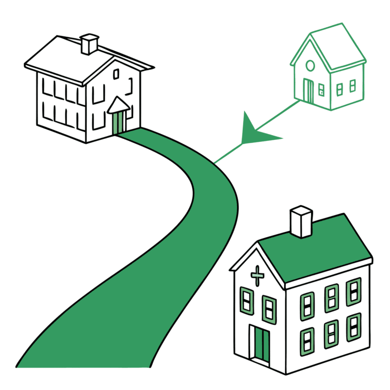 Illustration of hospice care practice merger pathway showing multiple facilities joining into one unified entity, with IT/EHR specialist icons representing SovDoc's M&A advisory services for healthcare integration processes.