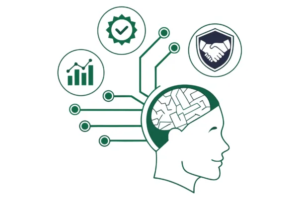 Brain illustration with interconnected pathways linking to merger, technology, compliance, and healthcare icons - representing SovDoc's specialized advisory services for Memory Care IT/EHR integration during healthcare practice mergers and acquisitions.