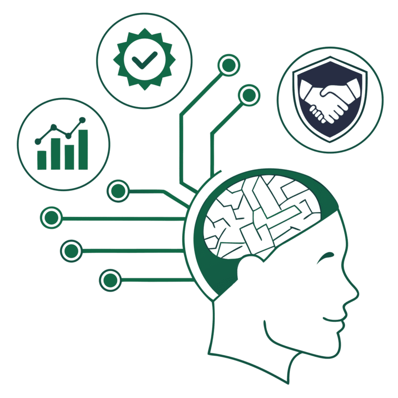 Brain illustration with interconnected pathways linking to merger, technology, compliance, and healthcare icons - representing SovDoc's specialized advisory services for Memory Care IT/EHR integration during healthcare practice mergers and acquisitions.