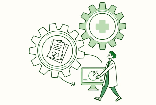 Stylized illustration showing merged gears and data flow to a monitor with a supportive figure, representing SovDoc's advisory services for IT and EHR integration during occupational and hand therapy practice mergers and acquisitions.