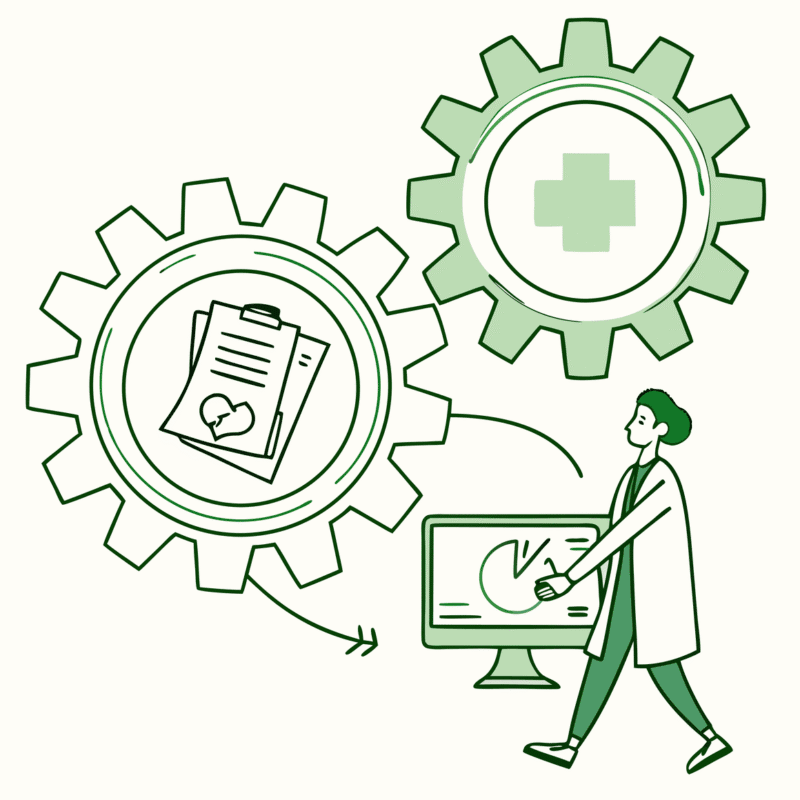 Stylized illustration showing merged gears and data flow to a monitor with a supportive figure, representing SovDoc's advisory services for IT and EHR integration during occupational and hand therapy practice mergers and acquisitions.