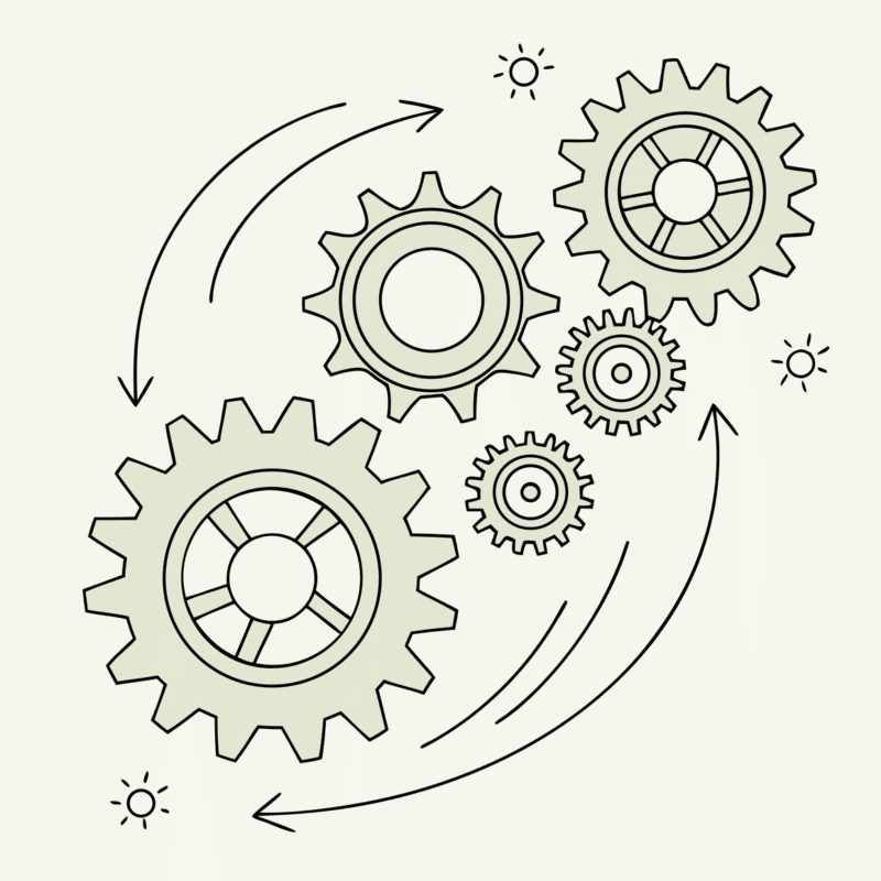 Interconnected gears with a glowing central hub and flowing data connections, representing SovDoc's healthcare M&A advisory network for palliative care EHR integration during medical practice mergers and acquisitions.