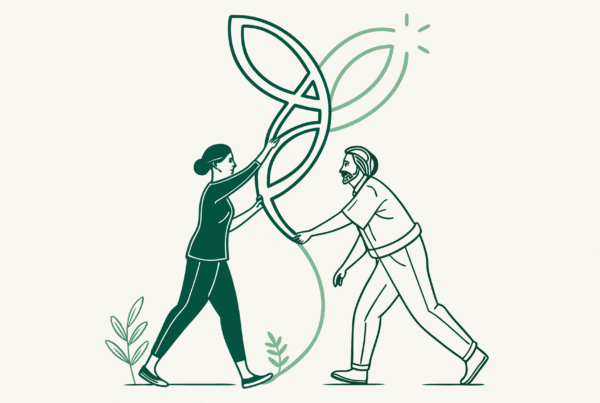 Illustration showing two abstract physical therapy clinics merging with data flow between them - SovDoc healthcare M&A services for pediatric physical therapy practice mergers and acquisitions, focusing on EHR integration.