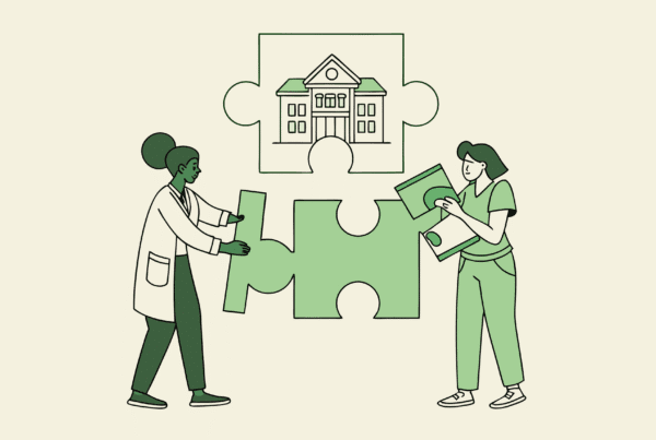 Illustration representing healthcare IT integration during mergers and acquisitions of school and community-based ABA practices. Four diverse professionals collaborate around puzzle pieces symbolizing the merger process, with data migration elements connecting the facilities. SovDoc healthcare M&A specialists guide practice consolidation and EHR system integration.