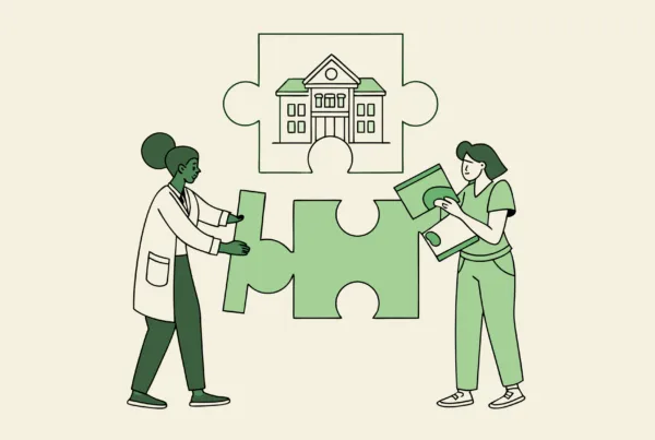 Illustration representing healthcare IT integration during mergers and acquisitions of school and community-based ABA practices. Four diverse professionals collaborate around puzzle pieces symbolizing the merger process, with data migration elements connecting the facilities. SovDoc healthcare M&A specialists guide practice consolidation and EHR system integration.