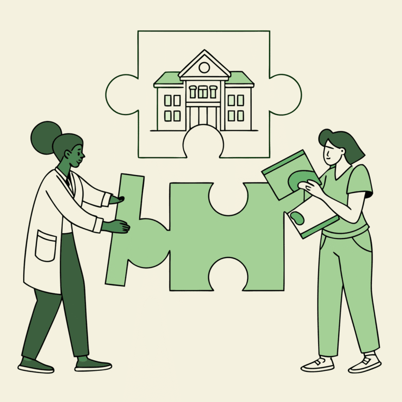 Illustration representing healthcare IT integration during mergers and acquisitions of school and community-based ABA practices. Four diverse professionals collaborate around puzzle pieces symbolizing the merger process, with data migration elements connecting the facilities. SovDoc healthcare M&A specialists guide practice consolidation and EHR system integration.