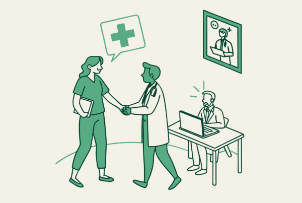Alt text: Minimalist green illustration showing healthcare merger representatives shaking hands while an IT specialist works at a computer with EHR system logos overhead. SovDoc healthcare M&A advisory for SNF technology transitions during medical practice acquisitions.