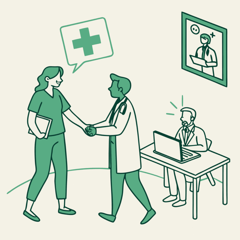Alt text: Minimalist green illustration showing healthcare merger representatives shaking hands while an IT specialist works at a computer with EHR system logos overhead. SovDoc healthcare M&A advisory for SNF technology transitions during medical practice acquisitions.