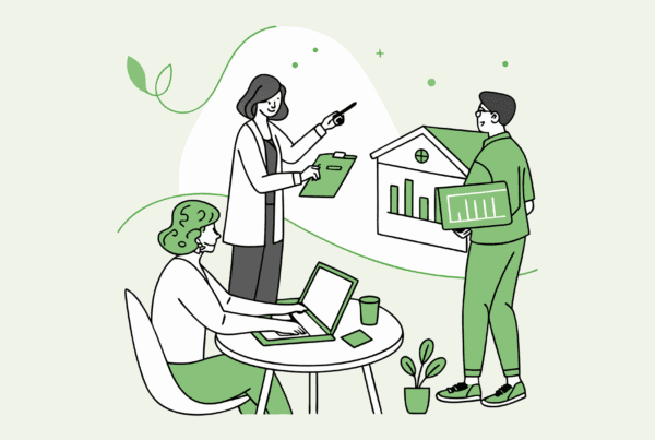 Illustration of financial advisors discussing investment trends in assisted living facilities at a professional roundtable meeting. SovDoc healthcare M&A specialists analyzing ALF lending and acquisition opportunities.