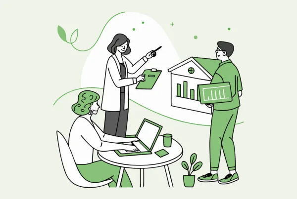 Illustration of financial advisors discussing investment trends in assisted living facilities at a professional roundtable meeting. SovDoc healthcare M&A specialists analyzing ALF lending and acquisition opportunities.