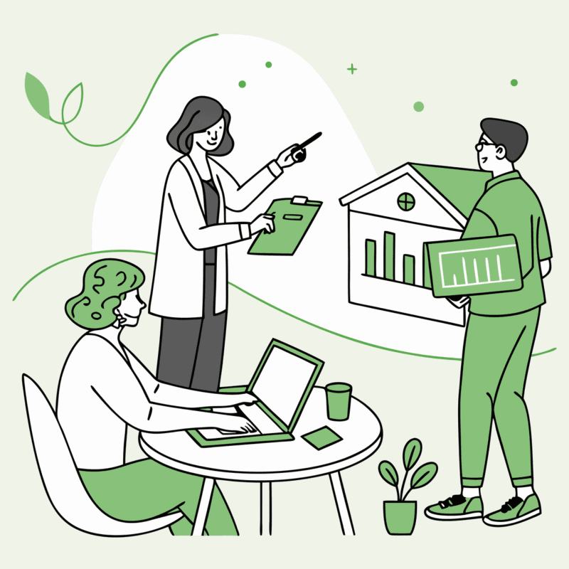 Illustration of financial advisors discussing investment trends in assisted living facilities at a professional roundtable meeting. SovDoc healthcare M&A specialists analyzing ALF lending and acquisition opportunities.