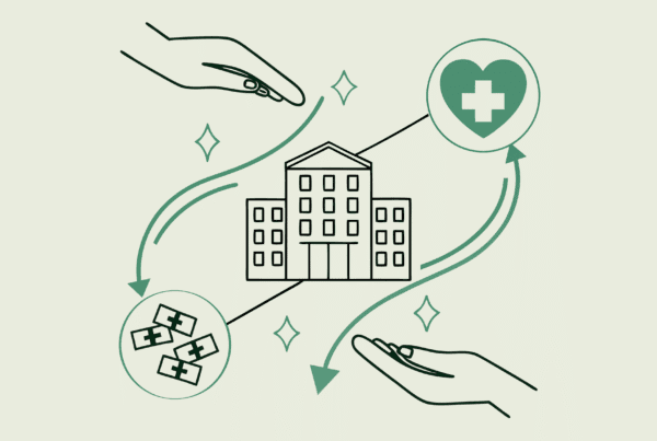 Interconnected clinic network diagram showing healthcare M&A process with financial elements - representing SovDoc's advisory services for lenders in clinic-based ABA therapy practice mergers and acquisitions