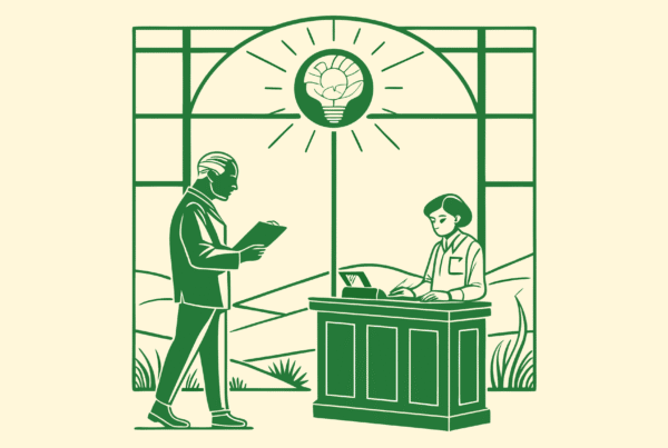SovDoc healthcare M&A illustration showing a mentorship consultation about geriatric behavioral health practice acquisitions, representing the advisory relationship between experienced and newer professionals in medical practice mergers.