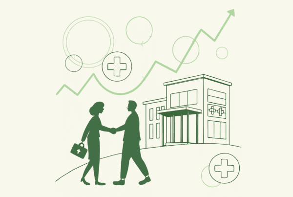 Stylized handshake illustration with hospice building backdrop and subtle financial graphics, representing SovDoc's advisory services for hospice care mergers and acquisitions in the healthcare sector.