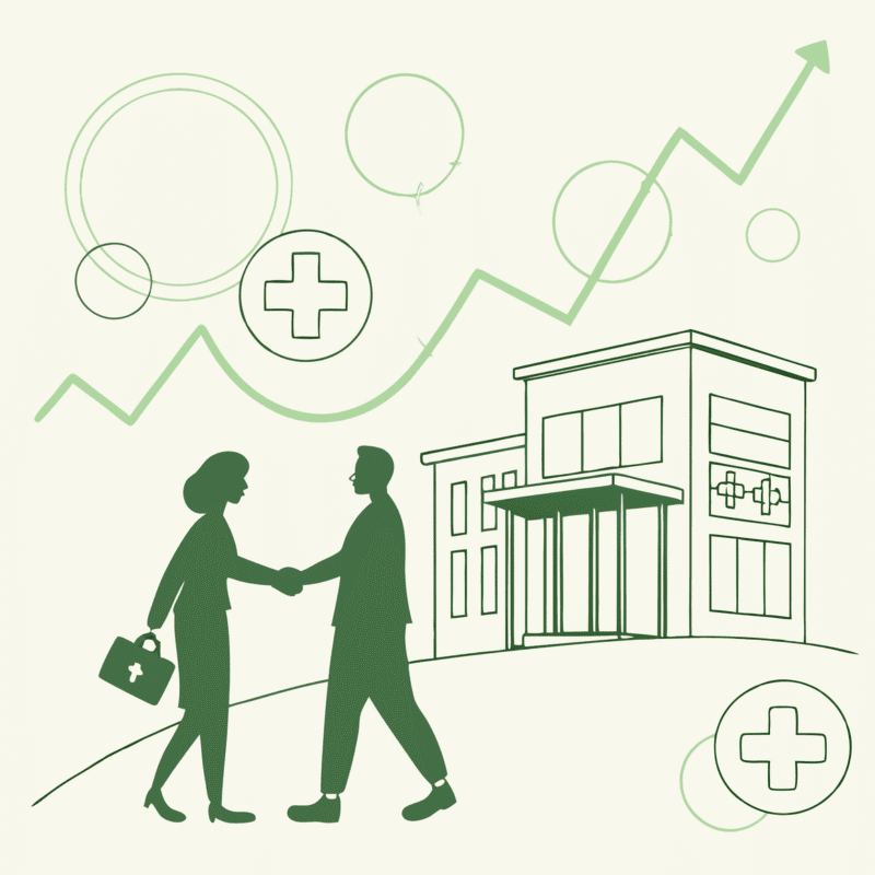 Stylized handshake illustration with hospice building backdrop and subtle financial graphics, representing SovDoc's advisory services for hospice care mergers and acquisitions in the healthcare sector.