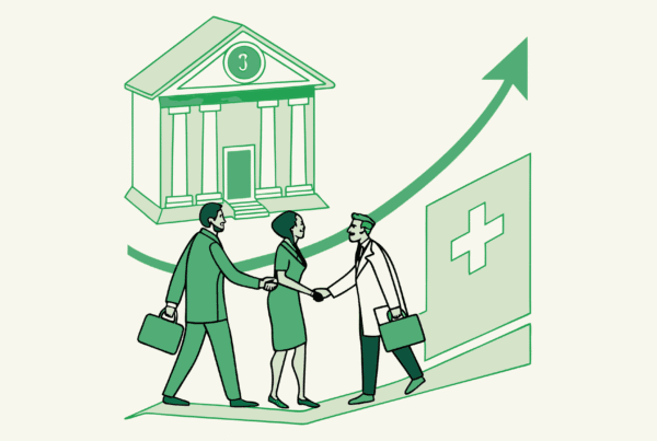 SovDoc illustration showing medical practice merger and acquisition process between healthcare professionals and lenders in the memory care sector, representing key stakeholders in healthcare M&A advisory services.