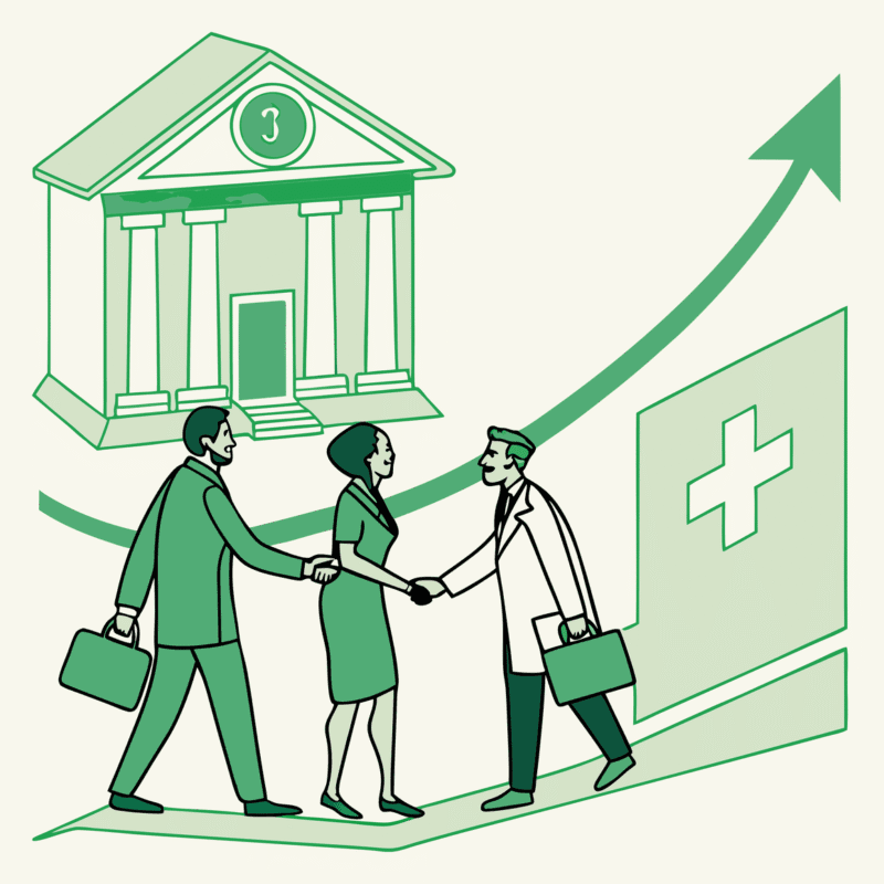 SovDoc illustration showing medical practice merger and acquisition process between healthcare professionals and lenders in the memory care sector, representing key stakeholders in healthcare M&A advisory services.