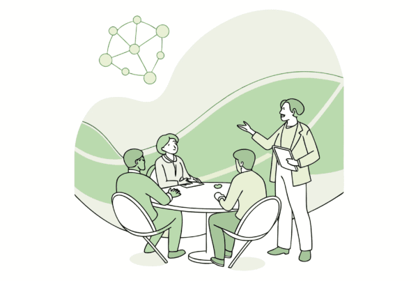 Vector illustration showing five professionals in business attire discussing healthcare M&A at a roundtable, reviewing a merger network diagram. SovDoc roundtable advisory for occupational and hand therapy practice acquisitions, representing strategic healthcare M&A planning.