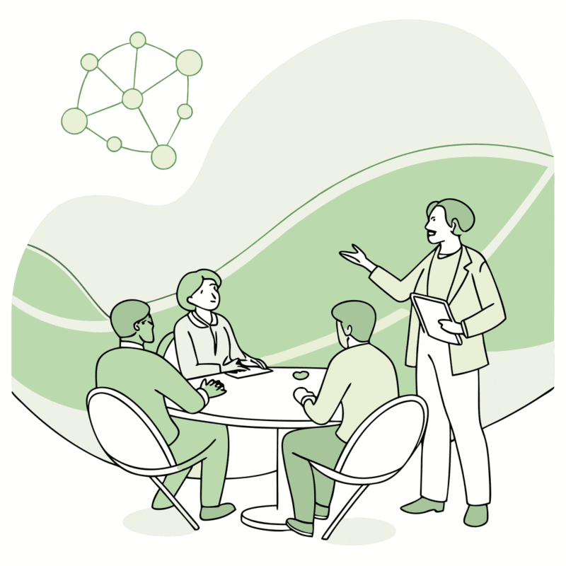 Vector illustration showing five professionals in business attire discussing healthcare M&A at a roundtable, reviewing a merger network diagram. SovDoc roundtable advisory for occupational and hand therapy practice acquisitions, representing strategic healthcare M&A planning.