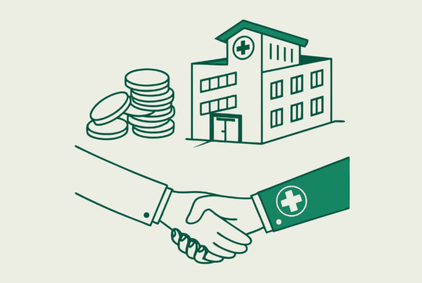 Stylized illustration representing healthcare M&A financial transactions in palliative care practice mergers and acquisitions - SovDoc advisors facilitate secure medical practice transitions through trusted financial partnerships