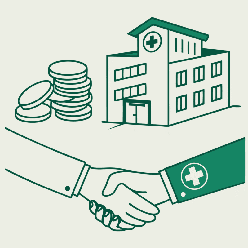 Stylized illustration representing healthcare M&A financial transactions in palliative care practice mergers and acquisitions - SovDoc advisors facilitate secure medical practice transitions through trusted financial partnerships
