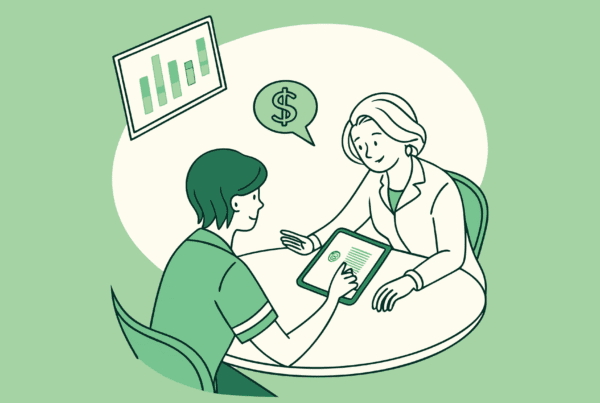 Stylized green illustration of a financial advisor and pediatric physical therapy practice owner discussing merger strategy at a meeting table. SovDoc healthcare M&A firm supporting pediatric therapy practice transitions through expert advisory services.