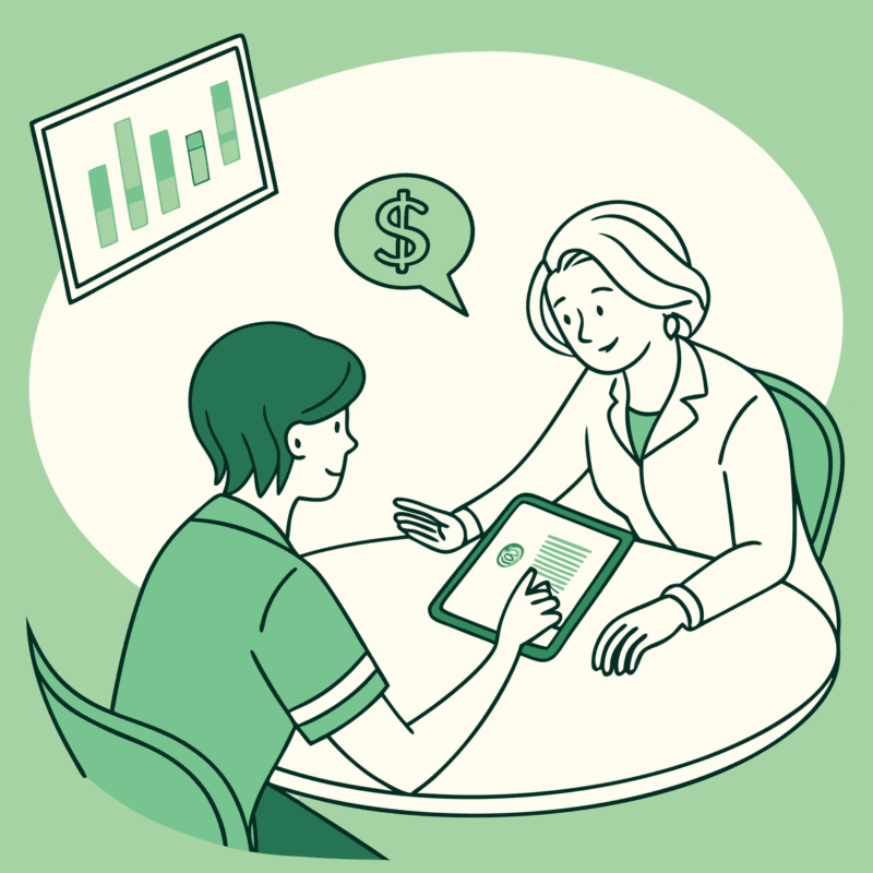 Stylized green illustration of a financial advisor and pediatric physical therapy practice owner discussing merger strategy at a meeting table. SovDoc healthcare M&A firm supporting pediatric therapy practice transitions through expert advisory services.