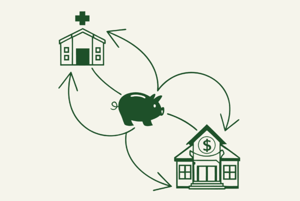 Minimalist green illustration showing interconnected school and community buildings flowing toward a central piggy bank, representing SovDoc's expertise in financial advisory for school and community-based ABA medical practice mergers and acquisitions.