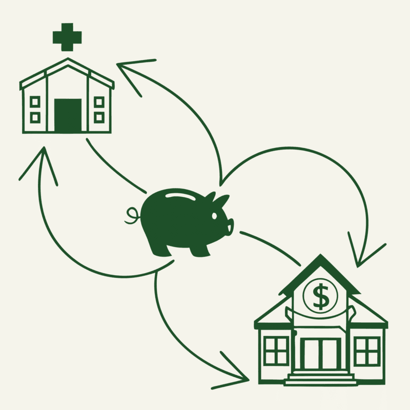 Minimalist green illustration showing interconnected school and community buildings flowing toward a central piggy bank, representing SovDoc's expertise in financial advisory for school and community-based ABA medical practice mergers and acquisitions.