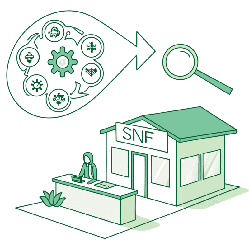 SovDoc advisor roundup illustration showing SNF acquisition due diligence process with magnifying glasses analyzing a skilled nursing facility, representing healthcare M&A advisory services for medical practice mergers and acquisitions.