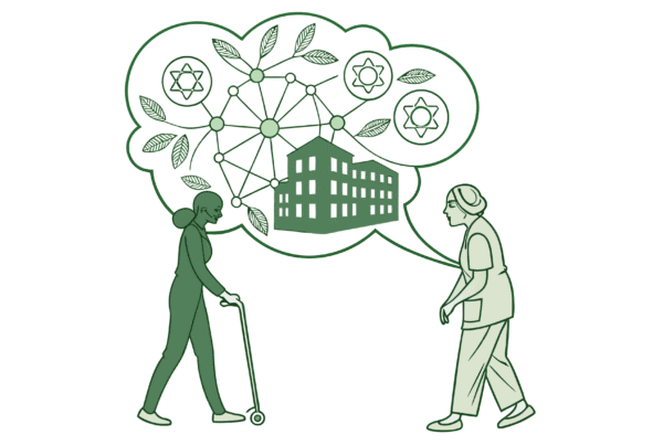 Illustration of interconnected healthcare networks with brokers and clients connected through assisted living facilities, representing SovDoc's expertise in medical practice mergers and acquisitions in the ALF sector.