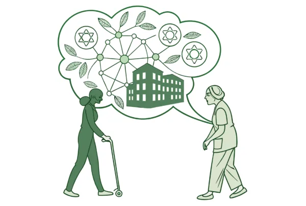 Illustration of interconnected healthcare networks with brokers and clients connected through assisted living facilities, representing SovDoc's expertise in medical practice mergers and acquisitions in the ALF sector.
