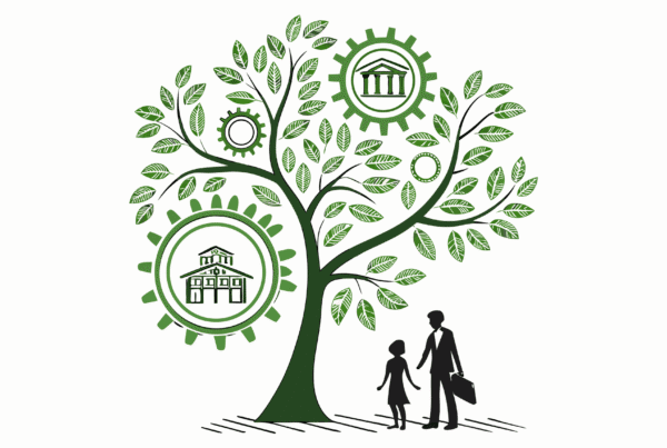 Stylized illustration of a branching tree representing various brokerage firms, connected to a clinic building foundation, with observers considering their options - representing SovDoc's expertise in mergers and acquisitions for clinic-based ABA therapy practices.
