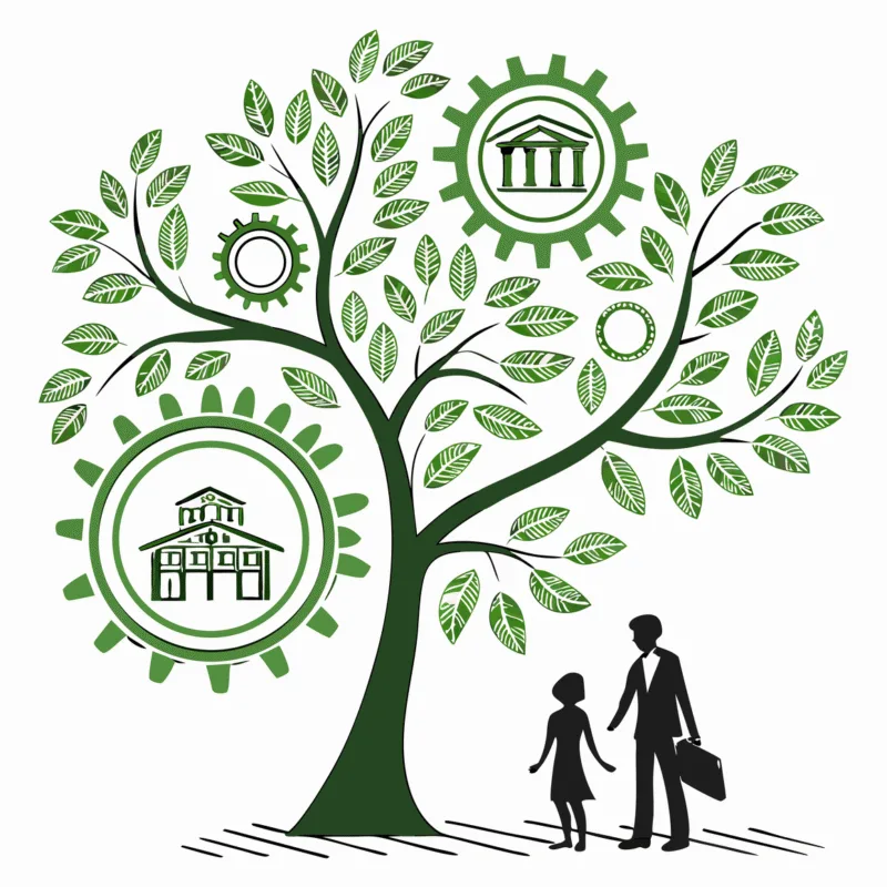 Stylized illustration of a branching tree representing various brokerage firms, connected to a clinic building foundation, with observers considering their options - representing SovDoc's expertise in mergers and acquisitions for clinic-based ABA therapy practices.